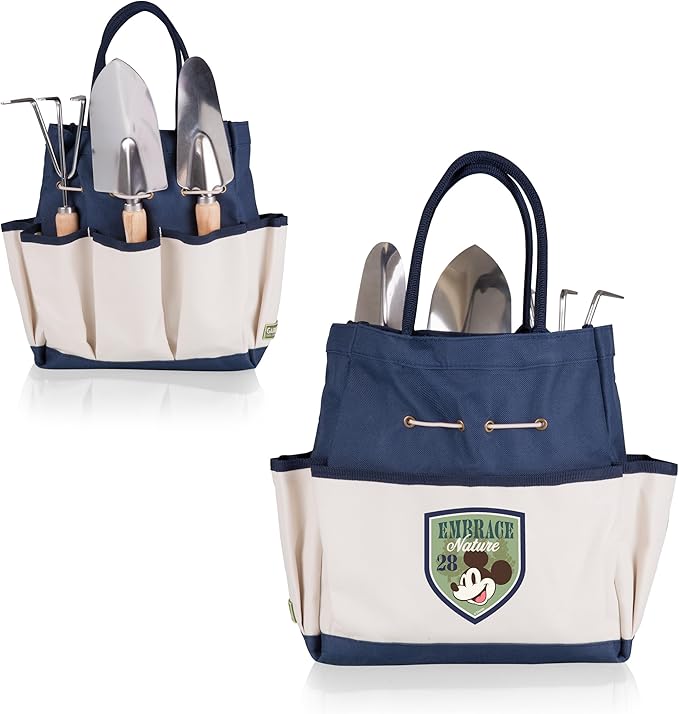 PICNIC TIME Disney Mickey Mouse Garden Bag with Tool Set, Garden Tool Organizer Bag, Gardening Tools Gifts for Women and Men, (Navy Blue with Beige Accents)