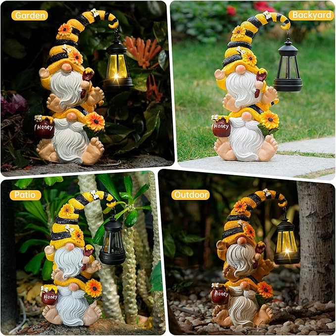 Garden Gnome Statue with Solar Lights – Large Outdoor Whimsical Decor for Patio, Lawn, Yard – Resin Waterproof Sculptures – Unique Birthday Gift for Grandma, Mom, Women