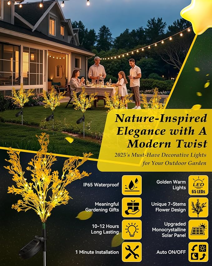 Neporal Garden Solar Lights Outdoor Waterproof IP65 4 Pack, 7-Stems Dusk to Dawn Golden Solar Flowers, Bigger Solar Panel for Garden,Yard, Patio Outdoor Decorative