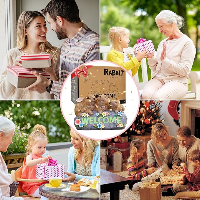 Solar Rabbits with Welcome Sign - Outdoor Bunny Decor with Solar LED Lights - Rabbit Garden Decor & Outdoor Light-Up Gifts for Women, Moms or Birthdays