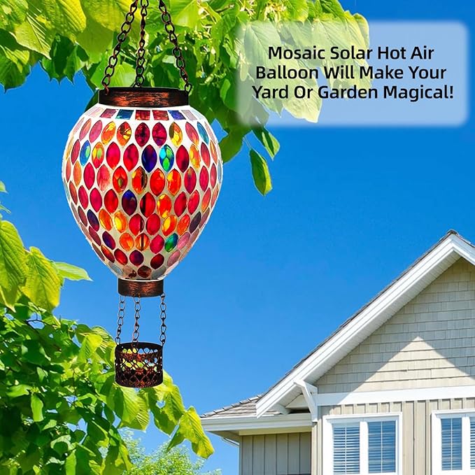 VOREEN Hot Air Balloon Solar Lantern, Mosaic Solar Outdoor Hanging Wind Light, Waterproof, Patio Festive Decor, Easter Gifts for Mom Father Grandma, Red