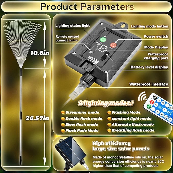 Anordsem Solar Garden Lights Outdoor Waterproof: Fireworks String Light Remote Control for Yard Decorative - LED Sparkler Lamp 4 Pack with 8 Lighting Modes for Patio Pathway Proch House Decor