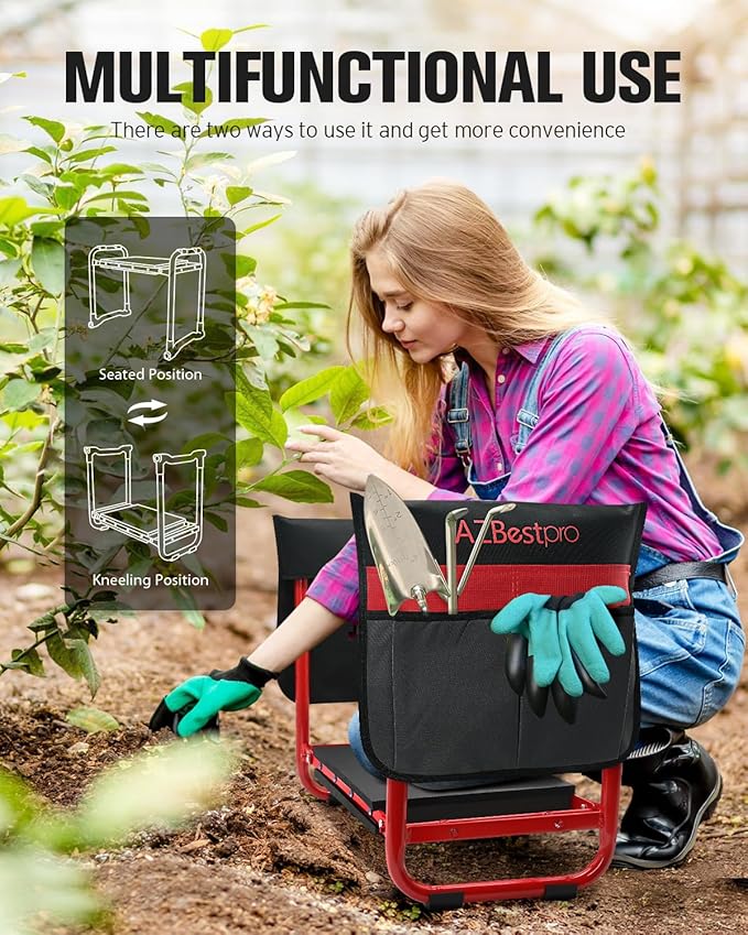 Garden Kneeler and Seat Heavy Duty,Upgraded Foldable Gardening Stool Widened to 10" Stable Wear-Resistant Prevent Knee and Back Pain, Bench High-End 2 Large Tool Bags Gift for Women