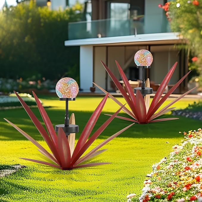 Tequila Rustic Sculpture Metal Yard Decor Hand Painted Metal Agave Garden Statue Red 2PCS