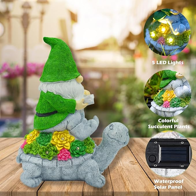 Solar Garden Outdoor Statues Turtle Gnome Outdoor Figurine Lights with Gnome Reading Book Garden Accessories Tortoise Statue Lawn Decor for Patio Balcony Yard Ornament Art Housewarming Gifts