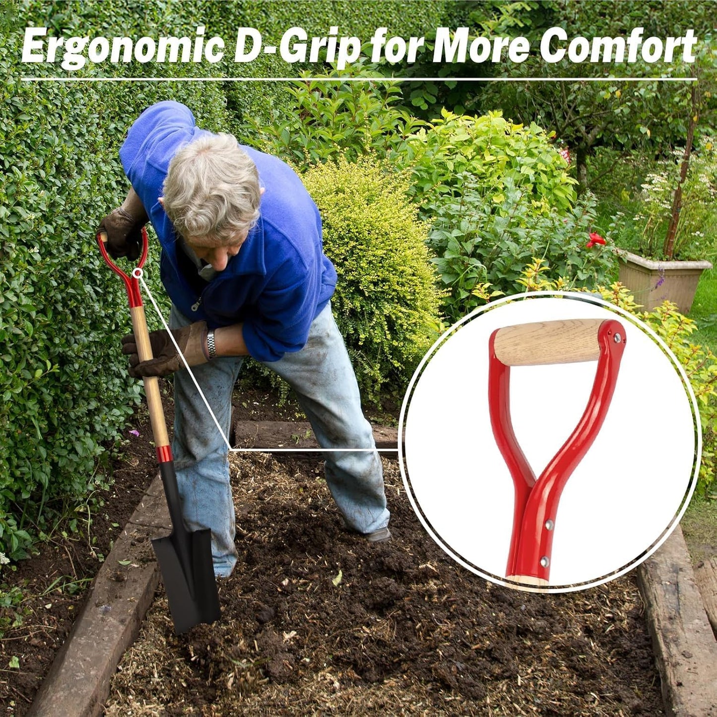 Drain Spade Shovel, Garden Drain Spade, Trenching Shovel, Woode D-Handle, Steel Y-Grip, 45 Inch Spade for Digging Transplanting & Edging (Red)