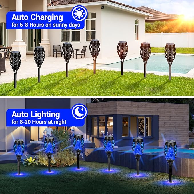 Solar Lights Outdoor, Upgraded 10 Pack Blue Solar Torch Light with Flickering Flame for Garden Decor, Waterproof Outdoor Lights Solar Powered, Tiki Torches for Outside Yard Patio Pathway Decor
