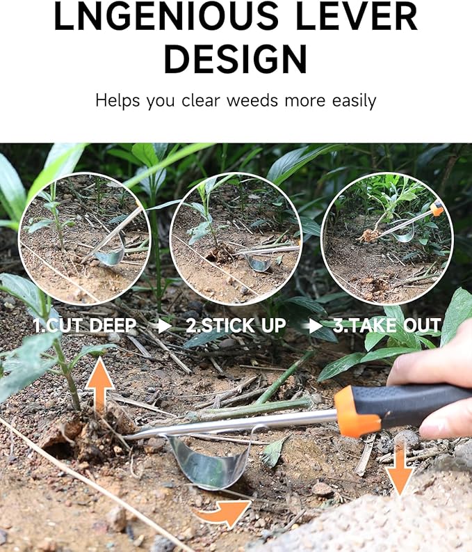 Weed Puller Tool Set with Ergonomics Rubber Anti-Slip Handle - 2 PCS Thickened Steel Hand Weeding Tool, Uprooting Gardening Weeder Tool for Garden, Farm, Corner, and Crevice - Orange