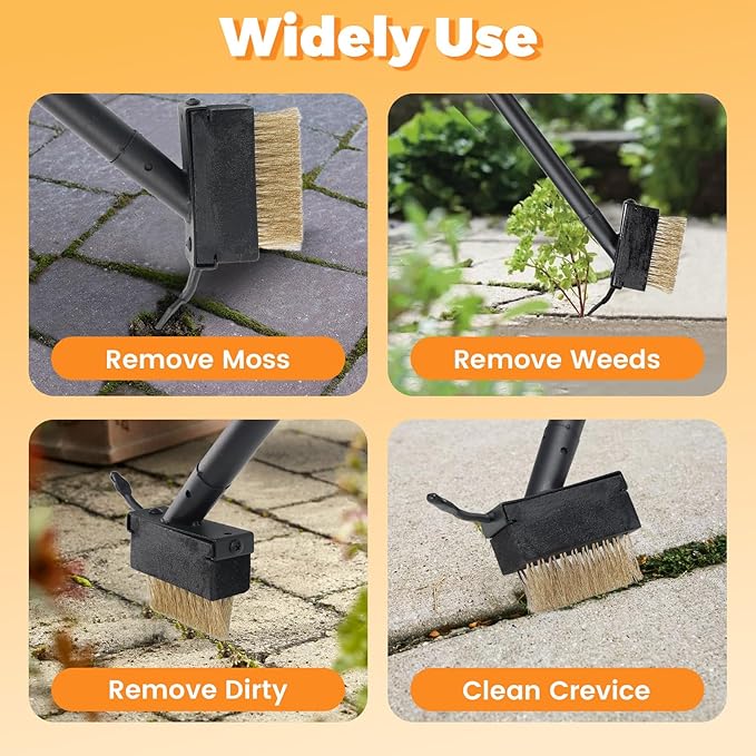 Moss Killer Weed Puller Tool for Crevice Weeding with 73.2inch Long Adjustable Handle, 2 in 1 Crack Weeder Moss Grout Remover Brush, Manual Weed Remover Tool for Driveway Deck Paver Patio Walkway