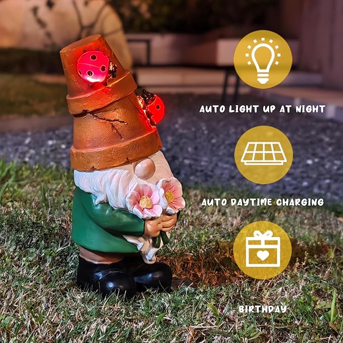 Garden Gnome Statues Outdoor Decor, Solar Gnomes with LED Lighted Flowers, Solar Resin Outdoor Statue Sculpture, for Woman Gift Home and Garden Decor