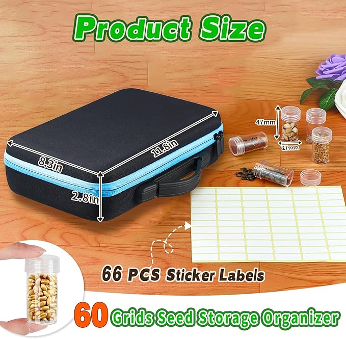 60-Slots Seed Storage Organizer, Sturdy Seed Organizer Storage Box with Label Stickers, Seed Storage Container for Flower Vegetable Plants Garden Seeds Vegetable & Clover Seeds(Seeds not Included)