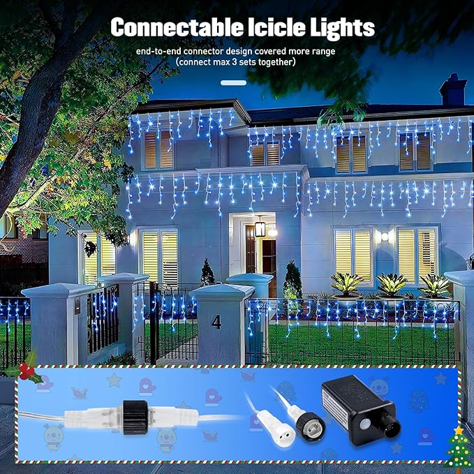 JMEXSUSS Blue&White Icicle Lights Indoor Outdoor, 38.8FT 400 LED Icicle Christmas Lights for Outside, Icicle String Lights with Remote for House Bedroom Fireplace Birthday Party Christmas Decorations
