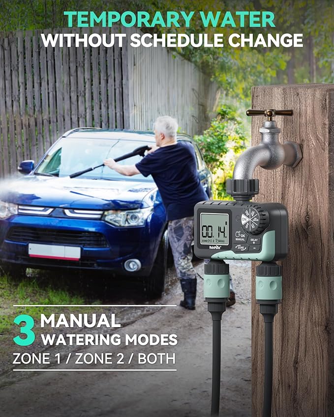 RAINPOINT 2 Zone Sprinkler Timer - 2pcs Water Timer for Garden Hose with Rain Delay/Manual Watering/Automatic Irrigation Controller System - Water Hose Timer Programmable Faucet Timer for Yard Lawn