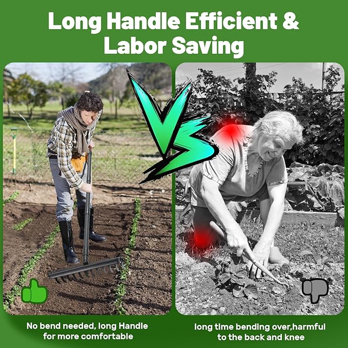 Stirrup Hula Garden Hoe with 12 Tines Rake, 2 in 1 Yard Weed Puller Gardening Weeding Tools, Garden Tiller Cultivator with 76" Adjustable Handle for Garden Weeding,Seeding,Ditching,Loosening Soil