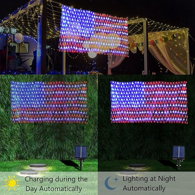 Solar American Flag String Lights - Waterproof 420 Led Solar Powered Flag Net Light for 4th of July Memorial Day Decorations Yard Garden Christmas Festival Holiday Patriotic Party Decoration Outdoor