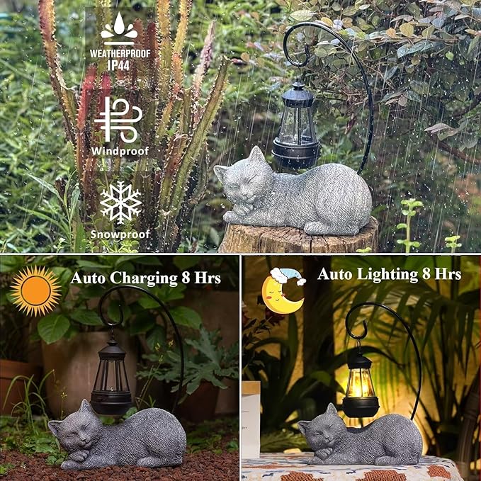 Solar Garden Cat Statues & Figurine with Solar Lantern, 13" Tall Cat Statue Garden Decor for Outside Patio Yard Lawn, Cat Figurine Outdoor Statue Ornament for Porch, Housewarming Gifts for Women