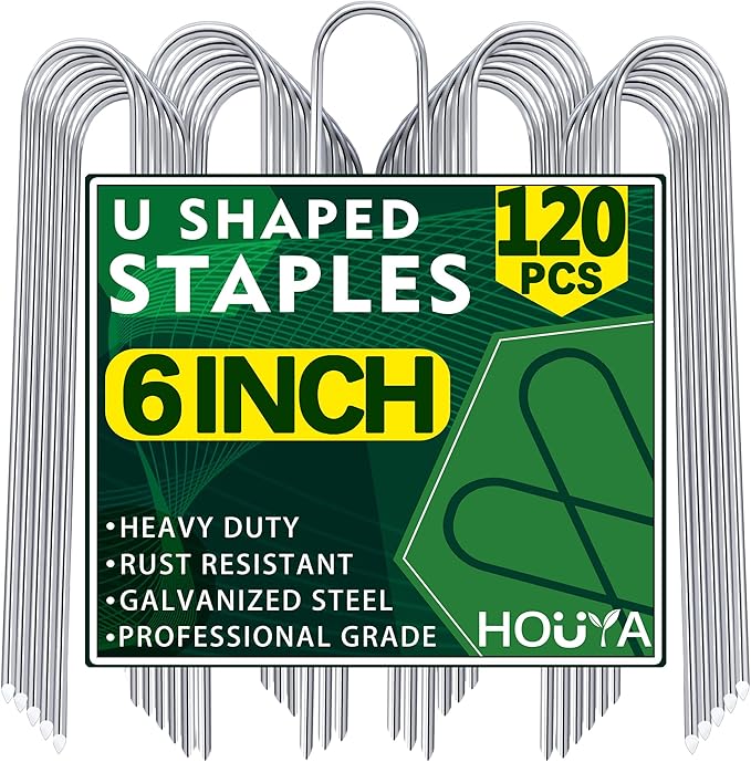 U Shaped Garden Stakes 6 Inch 120 Pack Drip Irrigation Stakes Galvanized Landscape Garden Staples Hose Stakes for Soaker Hose Drip Line Irrigation Tubing Tube, Lawn Ground and Weed Barriers