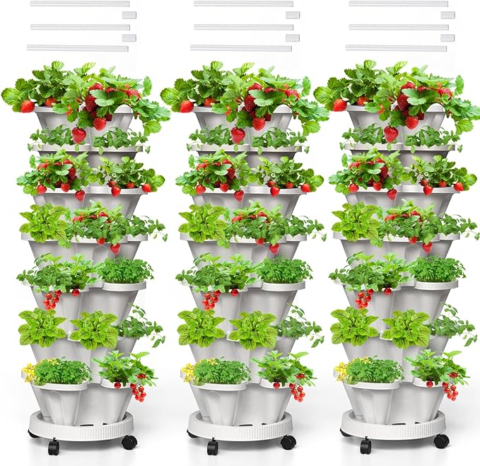 Strawberry Vertical Planters Tower Garden 3 Pack, 7 Tiered Stacking Herb Vegetable Planter with Support Pole Indoor and Outdoor - White