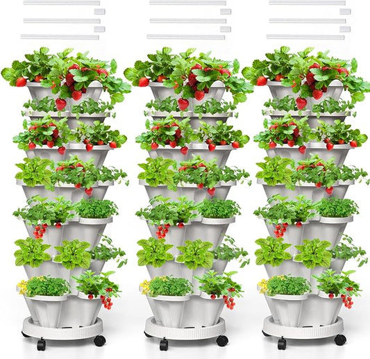 Strawberry Vertical Planters Tower Garden 3 Pack, 7 Tiered Stacking Herb Vegetable Planter with Support Pole Indoor and Outdoor - White