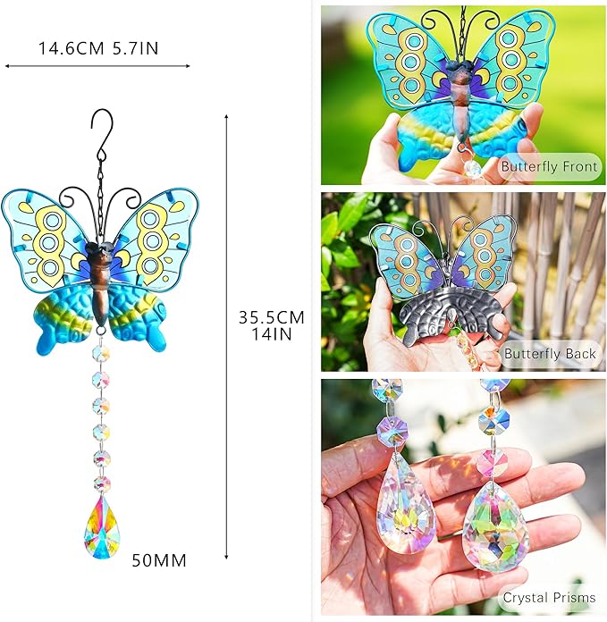 Set 2 Metal Butterfly Suncatchers for Windows - 14" Outdoor Fence Wall Art Decor, Rainbow Prisms Sun Catchers with Crystals Hanging for Home Garden Ornament