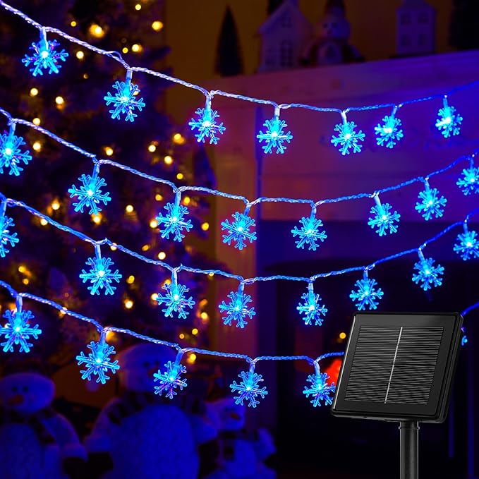 Brightown Solar Christmas Snowflake String Lights, 72FT 200 LED Outdoor Waterproof Fairy Lights with 8 Lighting Modes for Wedding, Party, Tree, Room, Garden, Patio, Yard, Home, Blue