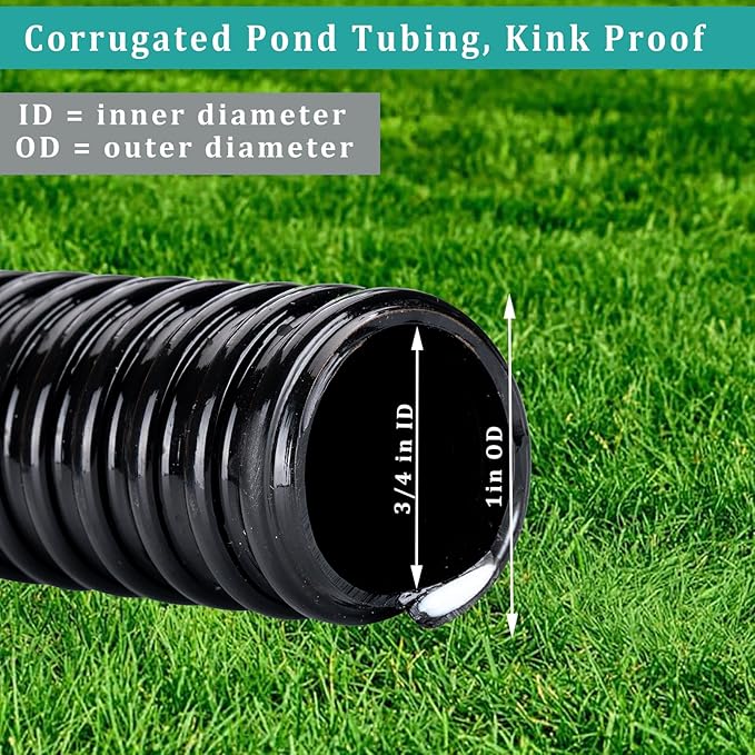 Pond Hose ID 3/4” × 25ft Black Corrugated Flexible Reinforced PVC Hose Vinyl Tubing for Pond Pump Fountain Garden Waterfall, Non-toxic & Kinkproof, with 2 clamps
