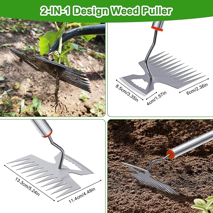 New Adjustable Uprooting Weeding Tool with Long Handle,11-Teeth Weed Puller Rake 2-in-1 Hand Weeder Garden Tools for Garden&Backyard,Manganese Steel Weeder Pulling Tool for Weeding Loosening Planting