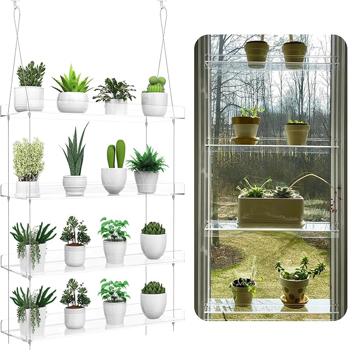 4-Tier Hanging Clear Plant Shelves for Windows, Acrylic Window Wall Plant Stand Shelf for Kitchen Indoor Gardens, Flower, Succulents, Herb, Seedling Organization, and Pots Display, 16 Inch per Tier