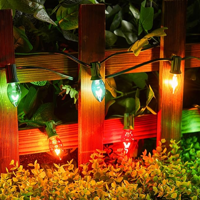 C7 Christmas Lights Outdoor 50 Feet Multicolor Christmas String Lights Green Wire for Room Roofline House Garden Patio Backyard Cafe Party Xmas Home Decorations, 50 Clear Bulbs