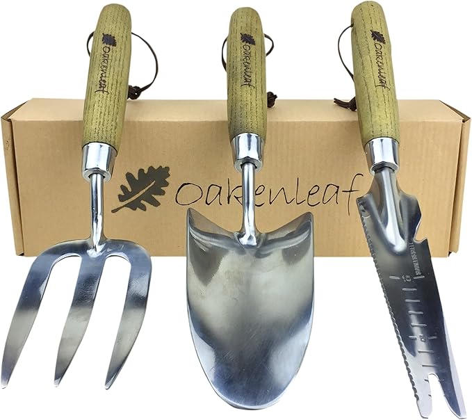 3 Piece Garden Hand Tool Set Extra Large Stainless Steel with Timber Handles Trowel Fork and Multitool