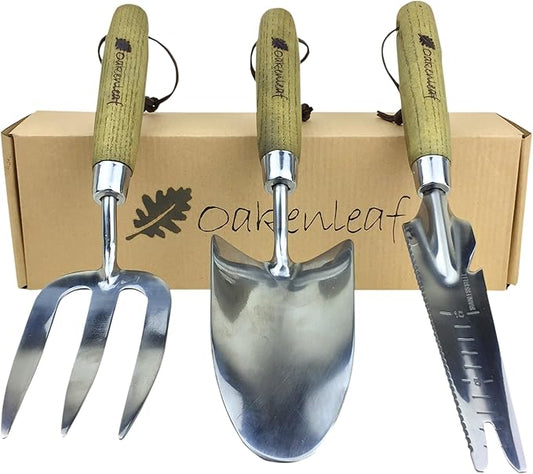 3 Piece Garden Hand Tool Set Extra Large Stainless Steel with Timber Handles Trowel Fork and Multitool