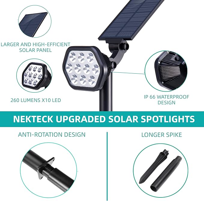 Nekteck Solar Lights Outdoor,10 LED Landscape Spotlights Powered Wall Lights 2-in-1 Wireless Adjustable Security Decoration Lighting for Yard Garden Walkway Porch Pool Driveway (2 Pack, Warm White)