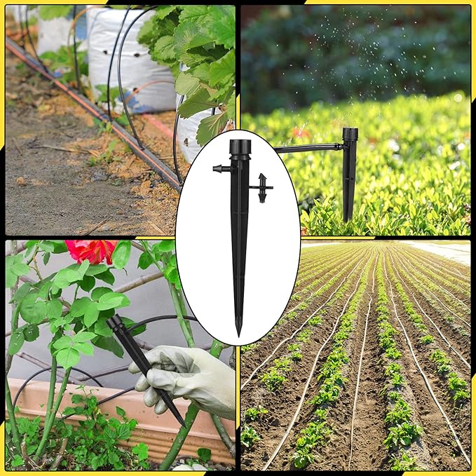 Retisee 50 Pcs Adjustable Flow 0-18 GPH Drip Irrigation Emitters 8 Holes Irrigation Drippers with Stake 360 Degree Irrigation Sprinkler Head Fit 1/4 Inch Drip Irrigation System for Garden Watering