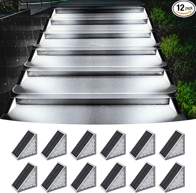 Solar Stair Lights Outdoor, 12 Pack Outdoor Solar Lights Waterproof IP67, Solar Step Lights for Outside, Patio, Decor, Yard, Garden, Front Door, Porch (Cool White)