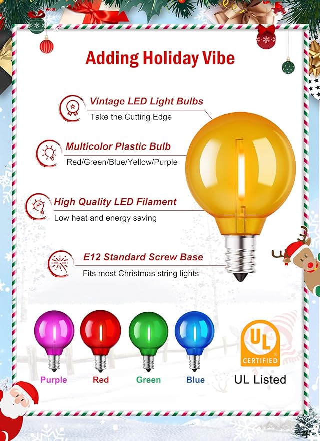 Brightown 50 Pack Multicolor G40 LED Christmas Replacement Light Bulbs, UL Listed, 1 Watt E12/C7 Candelabra Base Plastic Shatterproof LED Globe Edison Bulbs, Easily Screw in Strings Spools Strands