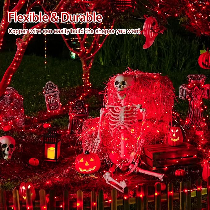 JMEXSUSS 66ft 200 LED Red Solar Halloween Lights, 2 Pack Solar Fairy Lights Outdoor Waterproof, 8 Modes Solar String Lights for Outside Garden Christmas Tree Party Halloween Decorations