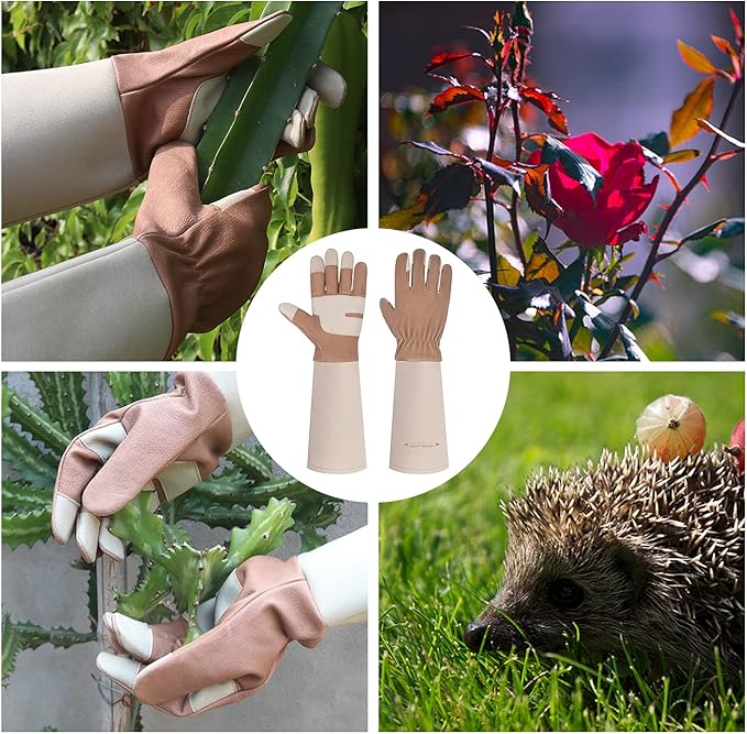 HANDLANDY Long Gardening Gloves for Men & Women, Thorn Proof Rose Pruning Gloves Leather Gauntlets Garden Gloves Yard Work Gloves (Large, Brown)
