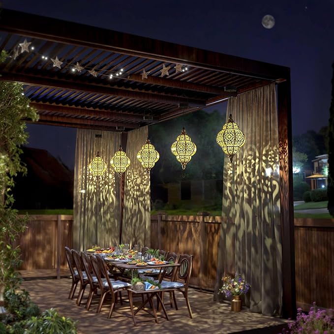 Hanging Solar Lights Outdoor Garden Decor Solar Lantern Waterproof Plastic Moroccan Outdoor Decorations for Patio Pathway Yard Backyard Garden Decorative (2 Pack, Bronze)