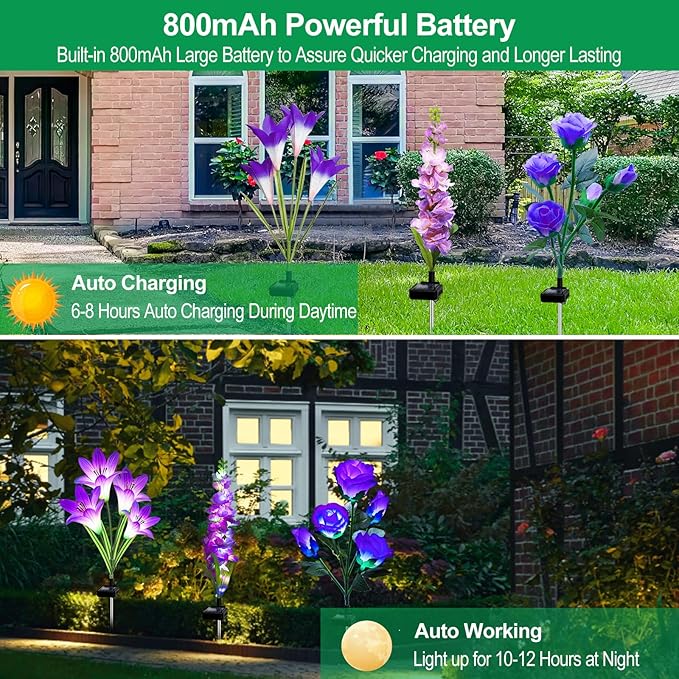 Solar Flowers Lights, 6 Pack Lily Rose Delphinium, Waterproof Gardening Gifts for Mom, Multi-Color Changing Outdoor Lights for Garden, Yard, Patio, Lawn
