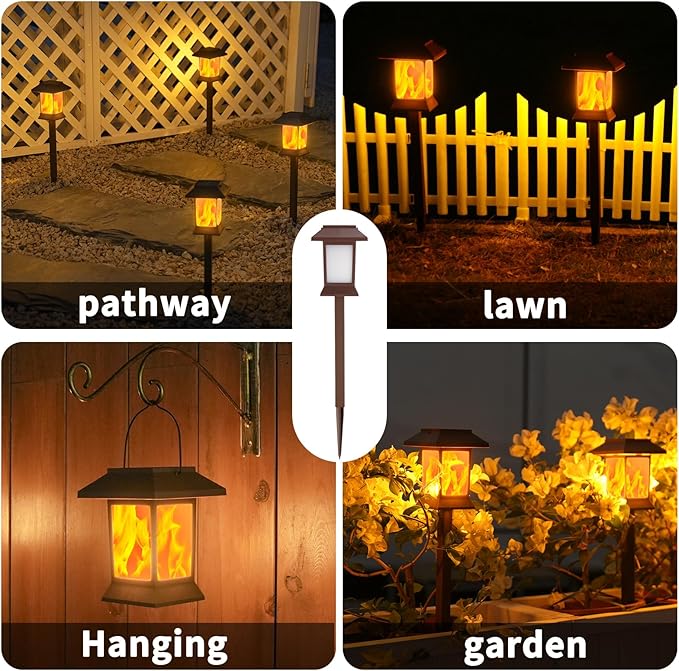 Solar Pathway Lights Outdoor with Flickering Flame, IP65 Waterproof, 6PK Solar Flame Lights with Hook, Upgraded 1000mAH Battery, Up to 12Hrs, Auto On/Off, Decor for Garden, Walkway