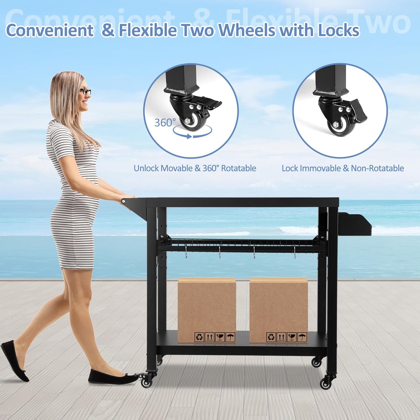 Spurgehom Grill Cart, Pizza Oven Stand Table with Wheels, Outdoor Movable Kitchen Cooking Prep Table BBQ Cart with Mesh Racks for Home Party, Bar, Camping