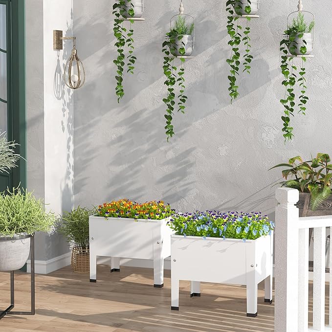 aboxoo 2 Packs 14 Inch Small Planter Raised Garden Bed with Legs,Outdoor Metal Planter Box for Patio,Elevated Garden Bed for Vegetables Flower Herb(White)