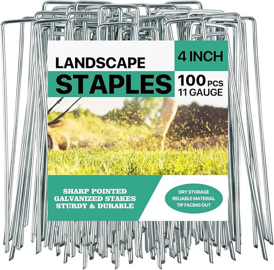 4 Inches Landscape Staples,Galvanized Garden Stakes Yard Stakes Garden Staples Prefect for Weed Barrier Fabric,11 Gauge Landscape pins for Tent,Balloons, Irrigation Tube. (100package, 4 inch)