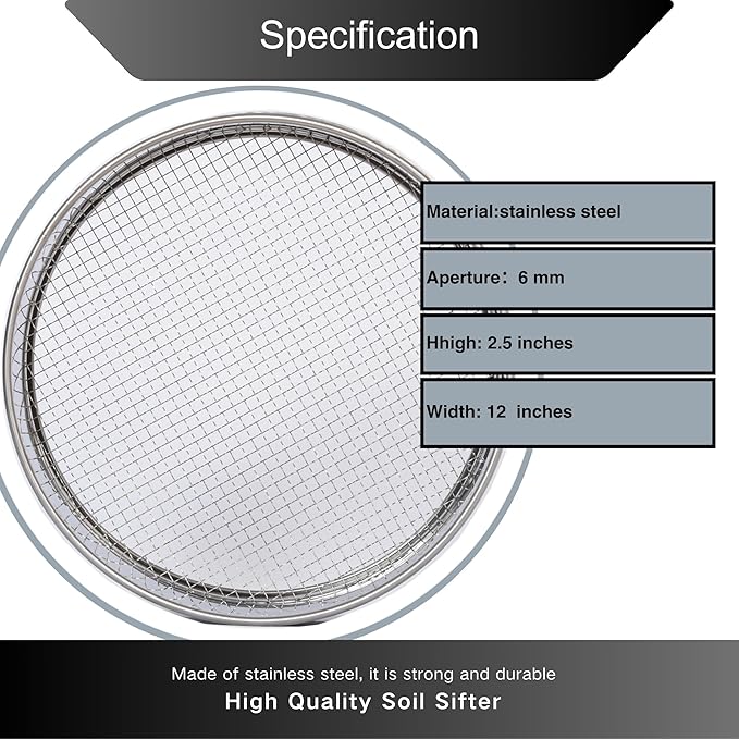 Soil Sifter 12" (1/4”Mesh Screen)-Sieve for Sand Rocks Dirt Compost