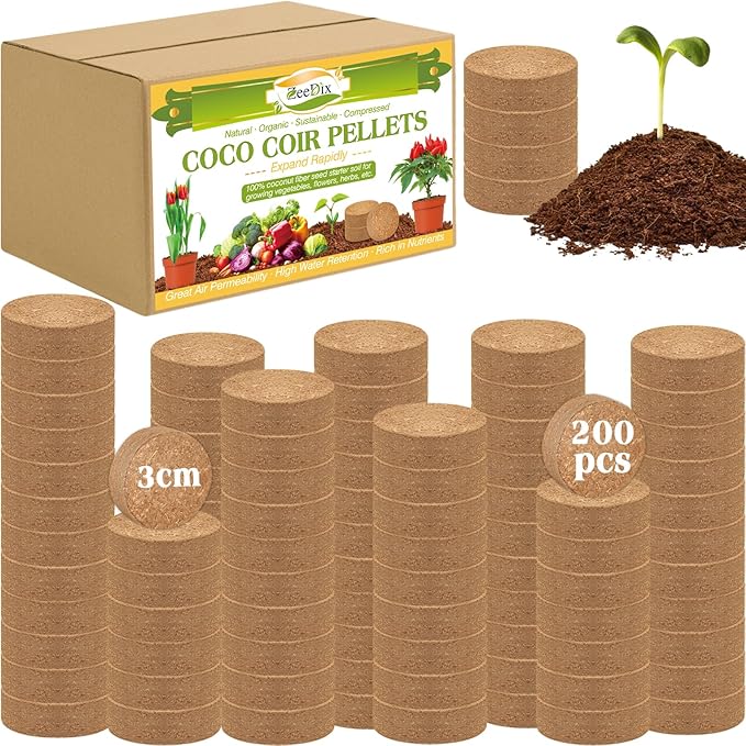 ZeeDix 200Pcs (30mm) Compressed Coco Coir Fiber Potting Soil Seed Starters - Organic Coco Coir Pellet Fiber Soil for Planting Bonsai, Herbs, Flowers and Vegetables