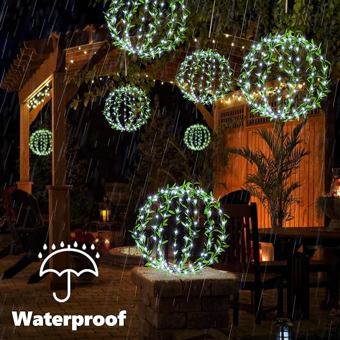 Solar Powered Hanging Iron Sphere Lights with Artificial Greenery – 12Inch 120 LED Waterproof Outdoor Decor Ball Light with Timer & 8 Modes – 2 Pack for Garden, Christmas, Weddings (Cool White)