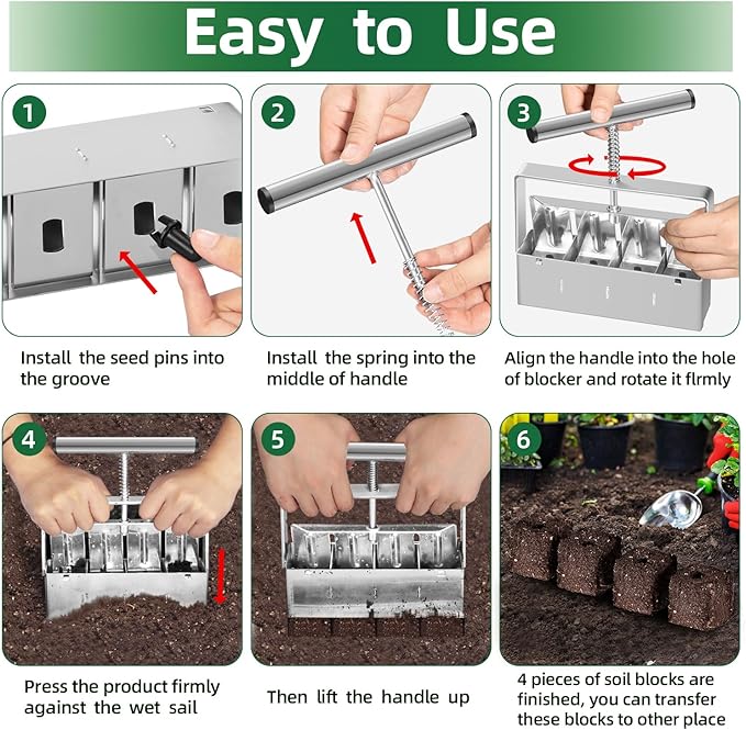Soil Blocker 2 Inch 4 Cell Upgraded Soil Block Maker Heavy Duty with Comfortable Handle and 3 Sizes Seed Pins Handheld Soil Blocking Tool for Seed Starting transplanting Germination