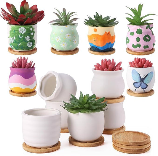 Remerry 6 Pcs 3.5 Inch DIY Ceramic Succulent Pots Figurines Paint Craft Kit Unpainted Ceramic Bisque Paintable Flowerpots with Drainage Hole Ready to Paint Valentine's Day Gifts
