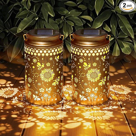 2 Pack Bee Solar Lanterns Outdoor Waterproof, Metal Hanging Lights Decorations for Garden Yard Lawn Patio, Bee Gifts for Women Mom Grandma Aunt Mother in Law Christmas