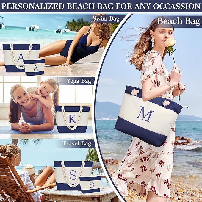 YOOLIFE Beach Bags for Women - Initial Tote Waterproof Bag with Makeup Bag, Mothers Day Gifts for Women Mom Friend Birthday